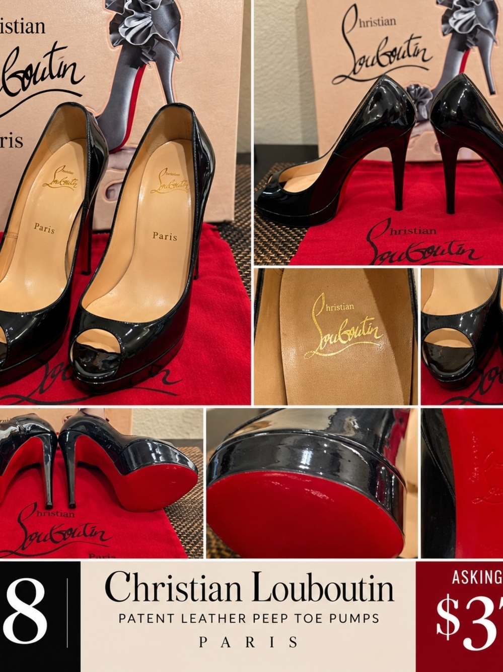 Christian Louboutin Black Patent Leather Peep-Toe Pumps with Red Soles